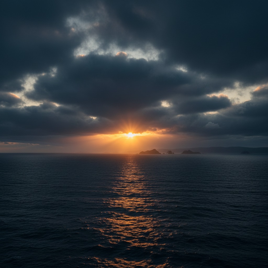 Un tramonto drammatico illumina il mare scuro, con raggi di sole che filtrano attraverso fitte nuvole scure.